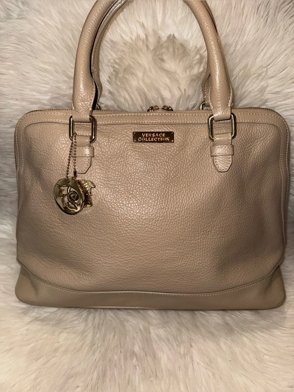 Versace Collection Taupe Pebbled Leather Satchel with Gold Hardware